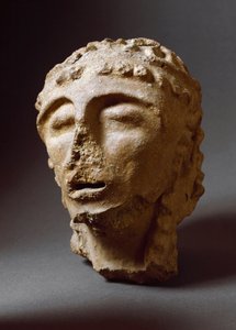 Etruská civilizace: Hlava terakotového muže. 550-530 před naším letopočtem. Z 2. paláce Murlo. Depositi Soprintendenza Archeologica del 