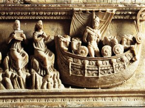 Etruská civilizace, alabastrová urna, detail reliéfu zobrazující Odyssea a Sirény od Etruscan