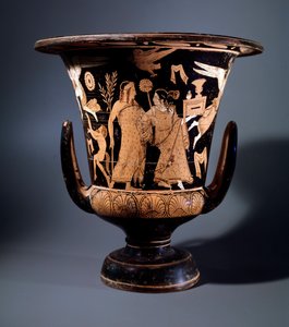 Etruská civilizace: dekor terakotového kráteru od malíře Nazzana představujícího Apollóna a menádu, 350 př. n. l. Dim 57 cm, z místa Civita Castellana od Etruscan