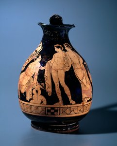Etruská civilizace: terakotové oenochoe zdobené dílnou malíře Alcesti představujícího mladého muže sedícího a mluvícího s dalšími dvěma stojícími lidmi, 360-340 př. n. l. z Tarquinie v Itálii od Etruscan