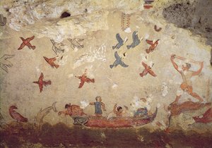 Rybáři na lodi a letící ptáci, z hrobky Rybářství a lovectví, asi 520-510 př. n. l. (nástěnná malba) od Etruscan