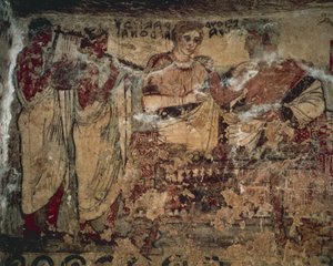 Freska zobrazující pohřební hostinu Velthur Velcha s manželkou Ravnthu Aprthnei, kterou bavili dva hudebníci od Etruscan
