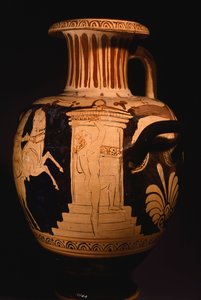 Hydria od malíře Biga Vaticana (vatikánský vůz), zobrazující detail edikuly s malířem při práci. Červenofigurová keramika. Etruská civilizace, 4. století před naším letopočtem. od Etruscan