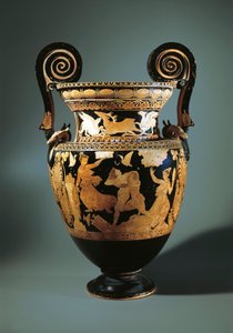 Itálie, Lazio, Civita Castellana, volutový krater s červenou postavou (váza používaná na míchání vína a vody) zobrazující Pelea unášejícího Thetis, maloval Aurora Painter, 360/340 př.n.l. od Etruscan