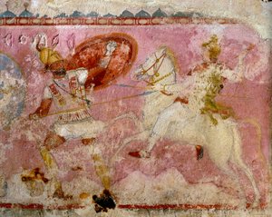 Sarkofág Amazonek s malovaným výjevem bitvy, bílý vápenec, z Tarquinie, oblast Latium, Itálie, detail od Etruscan