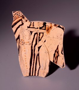 Terakotový fragment kylixu představující maenadu a satyra, 350 př.nl od Etruscan