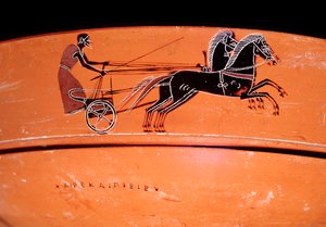 Detail terakotové vázy představující vůz tažený dvěma koňmi, 4. století před naším letopočtem od Etruscan