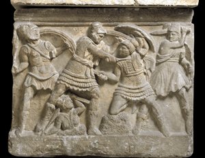 Etruscan art: “” Eteocle and Polynice””” the two brothers, son of Oedipus, Bas relief of a sarcophagus of Chiusi, 3rd century BC - Palermo, Museo Archeologico Nazionale - Duel between the brothers Eteocles and Polynices, sons of Oedipus - Bas-relief, detai