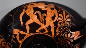 Etruské umění: Kylix zdobí komos, rituální průvod satyrů (první příklad etruské keramiky s červenými postavami s použitím reliéfních linií). 380 před naším letopočtem. Z Vulci (?) Paříž, Musee Rodin od Etruscan Etruscan