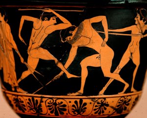 Etruské umění: pyxis zdobí scénu palestra, sportovci trénují hod oštěpem z Cerveteri. Řím, Museo di Villa Giulia