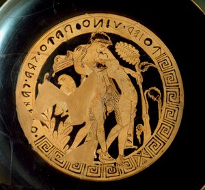 Etruská civilizace: detail kylixu představující Ariane (Ariadne) a Dionýsa. Z nekropole Falerii Veteres. Řím, Villa Giulia