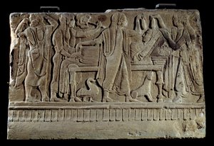 Etrusque Antiquite: Plaketa pohřebního cippe. Výstava zesnulé na jejím pohřebním lůžku. Paříž, Musee du Louvre od Etruscan Etruscan