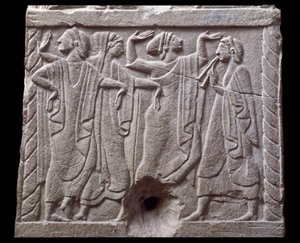 Reliéf s tanečníky z mramorového milníku v Chiusi, Itálie, 6. století před naším letopočtem od Etruscan Etruscan