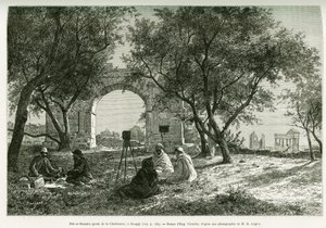 Bab-er-Roumia (Bab er Roumia), brána křesťanské ženy, římské ruiny v Dougga, piknik cestovatelů a jejich průvodců, kolem fotoaparátu. Rytina Eugena Girardeta pro ilustraci příběhu Voyage en Tunisie, R.Cagnat a H.Saladin, náboje z oblouku od Eugene Alexis Girardet