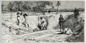 Vykopávky na křesťanském hřbitově v Lamtě s oběma misemi. Rytina od Eug.Girardeta pro ilustraci příběhu „Cesta do Tuniska“, od Rene Cagnat