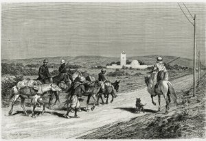 Náš přívěs se pohybuje. Vyryl Eugene Girardet pro ilustraci příběhu „Voyage en Tunisie““, historik Rene Cagnat (1852-1937) a architekt Henri Saladin (1851-1923), pověřený v letech 1882-1883 Ministerstvem veřejného vyučování. Publikováno i od Eugene Alexis Girardet