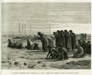 Moghrebská modlitba na Sahaře. Rytina od J.Girardeta pro ilustraci příběhu Cinq mois chez les moures nomades du Sahara occidental, v roce 1887, od Camille Douls, v le tour du monde 1888, pod vedením Edouarda Chartona (1807-1890), Hachette, Pa od Eugene Alexis Girardet