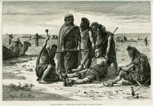 Vůle jde na nohy. Rytina Eugena Girardeta pro ilustraci příběhu Cinq mois chez les moures nomades du Sahara occidental, v roce 1887, od Camille Douls, v le tour du monde 1888, pod vedením Edouarda Chartona (1807-1890), Hachette, Paříž. od Eugene Alexis Girardet