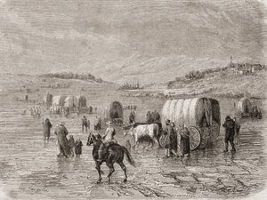 Vlak směřující na západ v 60. letech 19. století, vyrytý Stephanem Pannemakerem (1847-1930)