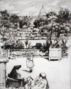 Pařížský park, z knihy "Du Ier au XXeme: Les Arondissements de Paris...", vydáno 1903 (lept)