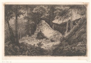 Begroeide rotsen in een bos Bílé skály Sada 8 leptů vyrytých do přírody poblíž Dampierre od Eug. Bléry (název série) od Eugene Bléry