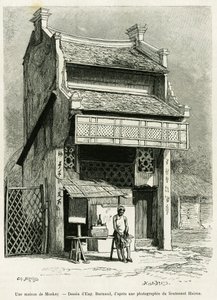 Monkayův dům. Rytina Eugena Burnanda, k ilustraci příběhu Sur les frontières du Tonkin, od doktora P. Neisse, in le tour du monde 1888, režie Edouard Charton (1807-1890), Hachette, Paříž. od Eugene Burnand