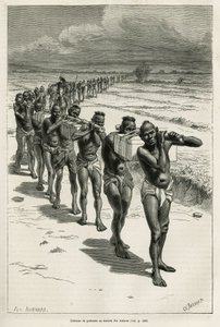 Sloup nosičů přes rýžová pole, mezi Bassac a Hue, vyleptaný podle kresby Eugena Burnanda, k ilustraci příběhu o Laosu a divokých populacích Indočíny, od Dr. Harmanda, v roce 1877, publikovaný v tour du monde, pod přímý od Eugene Burnand