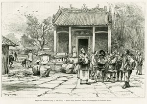 Konference Pagoda, Monkay. Rytina Eugena Burnanda, k ilustraci příběhu Sur les frontières du Tonkin, od doktora P. Neisse, in le tour du monde 1888, režie Edouard Charton (1807-1890), Hachette, Paříž. od Eugene Burnand