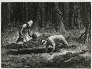 Dr. Harmand a jeho pomocník Annamite, provádějící tajné exhumace Khasových pohřbů, v Attopeu (Laos), rytina Eugena Burnanda, k ilustraci příběhu Laosu a divokých populací Indočíny od Dr. Harmanda, v roce 1877, zveřejněno v prohlídce du od Eugene Burnand