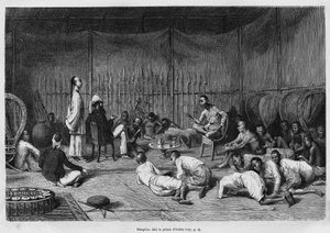 Dr. Harmand na recepci u prince z Oubonu (Laos), popis vnitřku knížecího domu a jeho nádvoří, rytina Eugene Burnand pro ilustraci příběhu Laosu a divokých populací Indočíny od Dr. Harmanda, v 1877, nakl od Eugene Burnand