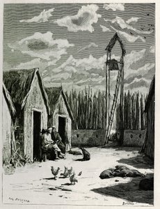 Misionářské náměstí v Meuong Ngan. Rytina Eugena Burnanda pro ilustraci příběhu „Cesta v Horním Laosu“ z roku 1880 od Dr. P. Neise. Publikováno v Le Tour du monde, nouveau journal des voyages, 2. semestr 1885, editoval Edouard Charton (1807-1890), ed. od Eugene Burnand