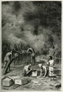Sušení herbářových rostlin na velkých bambusových hlínách, než je lékař klasifikuje a uloží do svých beden, rytina Eugena Burnanda pro ilustraci příběhu Laosu a divokých populací Indočíny od doktora Harmana, v roce 1877, publikoval od Eugene Burnand