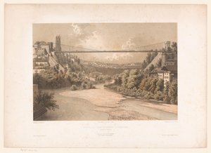 Gezicht op de hangbrug nad de Sarine, te Fribourg Švýcarsko Savojsko a Tyrolsko / Profil visutého mostu ve Fribourgu (kanton Fribourg) (název na objektu)
