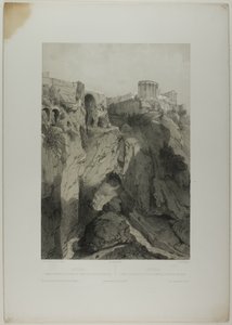 Tivoli: Chrámy Vesty a Sibyly a ruiny Neptunské jeskyně, deska devatenáctá z Italie Monumentale et Pittoresque od Eugene Ciceri