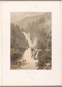 Pěší turisté s výhledem na vodopád Reichenbach Chateau inferior du Reichenbach (titul na objektu) Tváře ve Švýcarsku a Savoy (název série) La Suisse et la Savoie (název série na objektu) od Eugene Ciceri