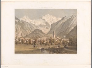 Pohled na Unterseen a Jungfrau La Jungfrau à Unterseen (název na objektu) Památky ve Švýcarsku, Savojsku a Tyrolsku (název série) La Suisse, la Savoie et le Tyrol (název série na objektu) od Eugene Ciceri