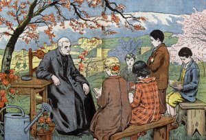 Kněz a budoucí mladí lidé, kteří se chystají přijmout své přijímání, v zahradě, kresba Damblans z papíru "Le Pelerin" 17. od Eugene Damblans
