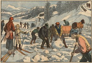 Obyvatelé Alp sbírají v zimě na léto ledové bloky. V pozadí muži provozují zimní sporty. Ilustrace Damblans. V „“Le Pelerin““ z 18. prosince od Eugene Damblans