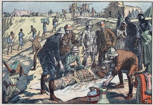 Anglická mise, pověřená hrabětem Byronem de Prorok (1896-1954), archeologem, objevila hrobku Tin-Hahan v Hoggaru. Ilustrace Damblans. V „Le Pelerin“ z 20. prosince 1925. od Eugene Damblans