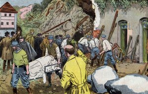 Tělo amerického generála Dunlopa je mrtvé, protože zachránil paní Briantovou při zřícení hospodářských budov zámku Fariniere (Francie), kresba Damblans z francouzského papíru "Le Pelerin" 7. června od Eugene Damblans