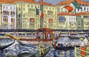 Oslava v Benátkách na počest prince a princezny z Piemontu, kresba Damblans z papíru "Le Pelerin" 25. září od Eugene Damblans