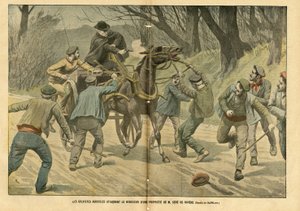 Ilustrace Eugene Damblans (1865-1945) v Le Pelerin, 31/01/04 - Zemědělští grevisté napadli správce nemovitosti M. Sere de Riviere - Sociální, Různá fakta, Greve, Doprava, Zemědělství, Les, Caleche Fiacre Cab - Dělník, Koně, od Eugene Damblans