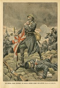 Ilustrace Eugene Damblans (1865-1945) v Le Pelerin, 01.01.05 - Ruský desátník trhající japonskou vlajku před Port Arthurem - Rusko, Japonsko, Port Arthur, Rusko-japonská válka, Boj, Pušky - Vojáci, Desátník od Eugene Damblans