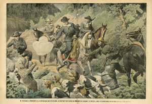 Ilustrace Eugene Damblans (1865-1945) v Le Pelerin, 2.7.2005 - Roosevelt, prezident Spojených států, odvrácený od obav o moc lovem medvědů grizzly ve skalnatých horách - Amerika USA, Lov USA, Skalnaté hory - pes, medvěd, od Eugene Damblans