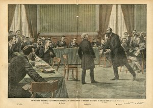 Ilustrace Eugene Damblans (1865-1945) v Le Pelerin, 3. 7. 2004 - V dojemné scéně u vyšetřovací komise M. Lagrave prosil předsedu Rady, aby řekl pravdu - Náboženství Faith, Vyšetřovací komise , Katolický katolicismus - Milion od Eugene Damblans
