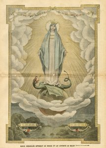 Ilustrace Eugene Damblans (1865-1945) v Le Pelerin, 4.12.04 - Neposkvrněná Marie se zjevuje světu a přináší mu spásu - Náboženství Víra, Katolický katolicismus - Neposkvrněné početí - Marie, Drak - Mraky - Země od Eugene Damblans