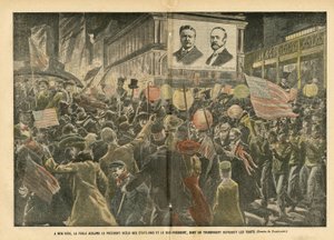 Ilustrace Eugene Damblans (1865-1945) v Le Pelerin, 20. 11. 04 - V New Yorku dav povzbuzuje znovuzvoleného prezidenta Spojených států a viceprezidenta, jehož transparentní reprodukce rysů - Amerika USA, Volby, Architektura Urbani od Eugene Damblans