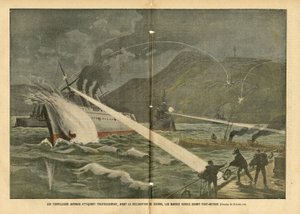 Ilustrace Eugene Damblans (1865-1945) v Le Pelerin, 21/02/04 - Japonské torpédové útoky na ruské lodě před vyhlášením války před vyhlášením války - Rusko, Japonsko, námořní mořské pobřeží, Port Arthur, rusko-japonská válka , válečné lodě od Eugene Damblans