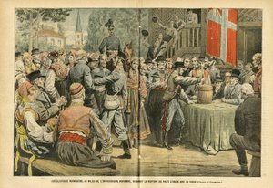 Ilustrace Eugene Damblans (1865-1945) v Le Pelerin, 27. 8. 2005 - Norské volby, uprostřed všeobecného nadšení, ratifikovaly porušení paktu odborů se Švédskem - Volby, městská architektura, dav, Švédsko, Norsko - Urn od Eugene Damblans