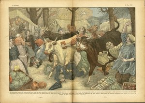 Ilustrace Eugene Damblans (1865-1945) v Le Pelerin, 28. 3. 37 - Velký každoroční veletrh Lezay poblíž Niortu - různá fakta, ekonomika, dav, obchody, zemědělství, luštěniny - kráva, hovězí maso, cestující prodejce Camelot od Eugene Damblans